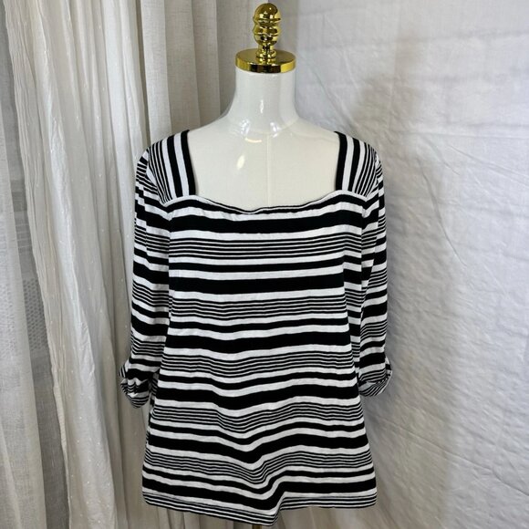 TALBOTS Women's Top Black White Stripe 3/4 Sleeves 100% Cotton 3XP Preppy Boho - Picture 1 of 10